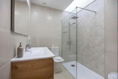 a bathroom with a shower and a sink and a toilet at Atico castelar by Staycare in Rota