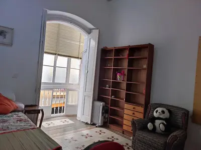 a living room with a chair and a book shelf at Old Merchant's Home in Cádiz