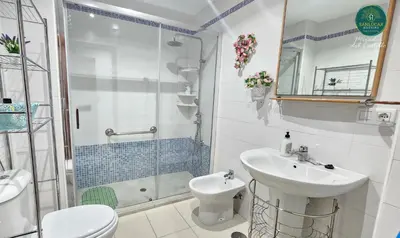 a bathroom with a shower and a sink and a toilet at Mirador del Castillo by Sanlúcar Housing in Sanlúcar de Barrameda
