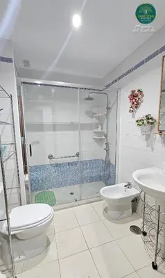 a bathroom with a shower and a toilet and a sink at Mirador del Castillo by Sanlúcar Housing in Sanlúcar de Barrameda