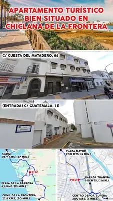 a collage of photos of a building and a map at Apartamento Turístico en Chiclana de la Frontera in Chiclana de la Frontera