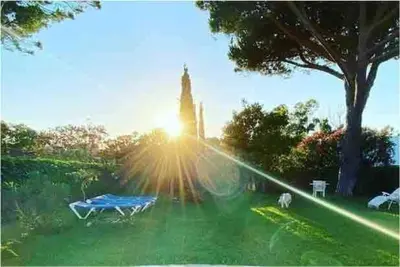 a picnic table in the grass with the sun shining at Casa 77, la playa más bonita a 150 metros in Conil de la Frontera