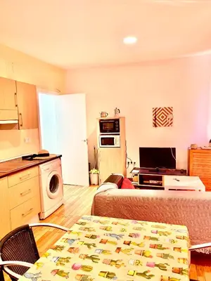 a room with a kitchen and a living room at Vista Plaza Falla in Cádiz