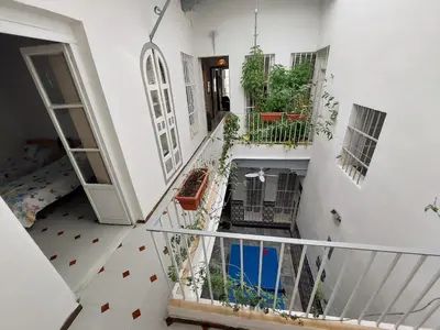 an apartment with white walls and stairs with plants at Casa Madre Gelart Patrimonio Gaditano del siglo XIX in San Fernando