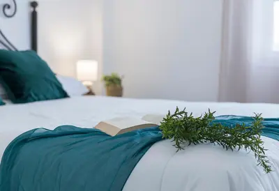 a book on a bed with a plant on it at Apartamentos Collado Playa Valdelagrana in El Puerto de Santa María
