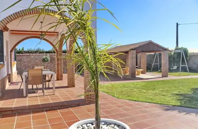 a plant in a pot on a patio at Villa Ureba in Conil de la Frontera