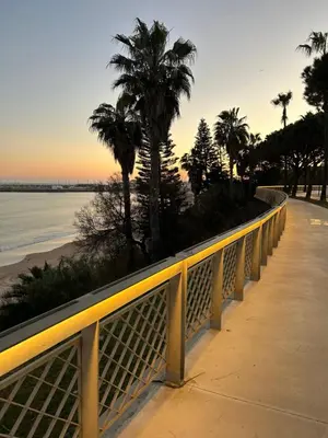a walkway next to the beach with palm trees at Apartamento Sol y Playa in Rota