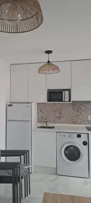 a kitchen with a washing machine and a microwave at Apartamento la Yedra in Jerez de la Frontera