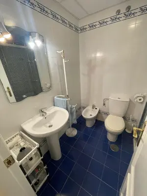 a bathroom with a white toilet and a sink at Costa Ballena - Apt para 6 con piscina, terraza, WiFi y parking gratis in Rota
