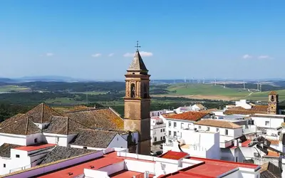 a view of a town with a church tower at Casa dSanz 