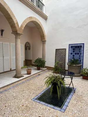 a courtyard with a table and some potted plants at La Casita Gaditana in Cádiz