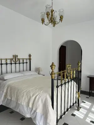 a bedroom with a black and gold bed with a chandelier at Casa rural Pinar de la Plata in Arcos de la Frontera