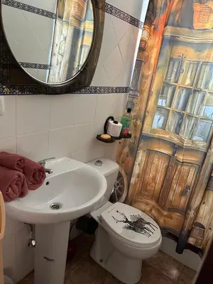 a bathroom with a sink and a toilet and a mirror at El Girasol yellowstone in Chiclana de la Frontera