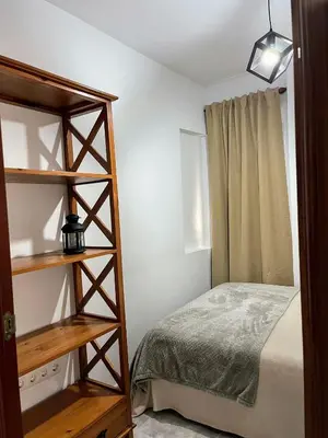 a bedroom with a bed and a book shelf at El Piso in Sanlúcar de Barrameda