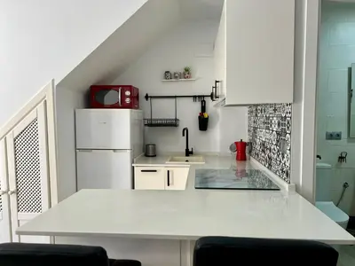 a white kitchen with a sink and a white refrigerator at El Refugio in Chiclana de la Frontera