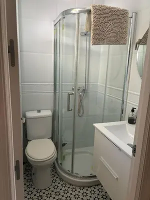 a bathroom with a shower and a toilet and a sink at La Barrosita in Chiclana de la Frontera