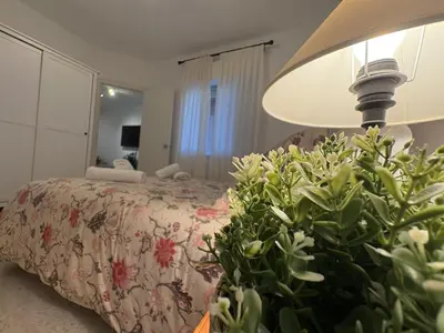 a bedroom with a bed with a lamp and a plant at Malandar Playa in Sanlúcar de Barrameda