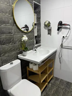 a bathroom with a toilet and a sink and a mirror at Apartamento Pacífico in Chipiona