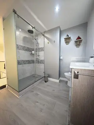 a bathroom with a shower and a toilet at El Rincón de Ro Little Apartments in Cádiz