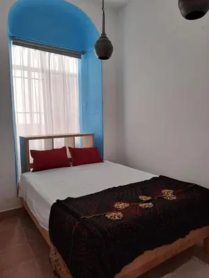 a bedroom with a bed with a blue wall and a window at Alojamiento Rosalía in Sanlúcar de Barrameda