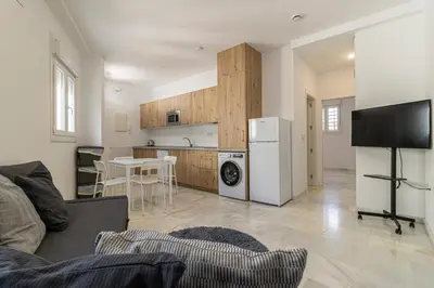 a living room with a couch and a kitchen at Jerez Centro Stay in Jerez de la Frontera