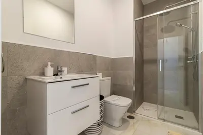 a white bathroom with a toilet and a shower at Jerez Centro Stay in Jerez de la Frontera