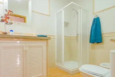 a bathroom with a shower and a toilet and a sink at Casa Mariana in Conil de la Frontera