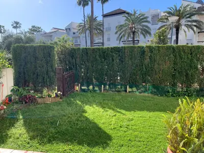 a hedge in the yard of a building at Apartamento Las Dunas Costa Ballena in Rota