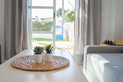two potted plants on a table in a bedroom at Brisa del Mar II, Apartamentos Living Sur in Sanlúcar de Barrameda