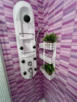 a bathroom with a purple wall with a shower at GATU Villa Flavia 