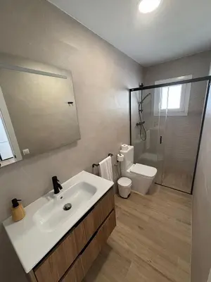 a bathroom with a sink and a shower and a toilet at Alojamiento rural colarte in Conil de la Frontera