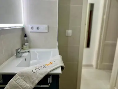 a bathroom with a sink and a towel at Apartamento Pescadores in Chiclana de la Frontera
