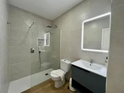 a bathroom with a toilet and a sink and a shower at Apartamento Pescadores in Chiclana de la Frontera