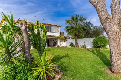 a house with a green yard with palm trees at La Casona in Chiclana de la Frontera