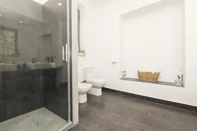 a bathroom with a shower and a toilet and a sink at Luxe Madre de Dios in Sanlúcar de Barrameda