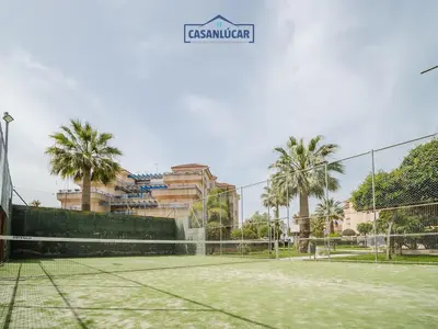 a tennis court with palm trees in front of a building at Piso Real Fernando in Sanlúcar de Barrameda