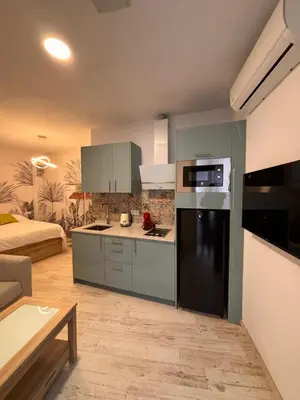 a kitchen with blue cabinets and a black refrigerator at Estudio en Jerez de la Frontera in Jerez de la Frontera