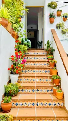 a set of stairs with potted plants on them at Casa Nieves, totalmente equipada Planta 2 in Arcos de la Frontera