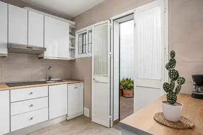 a kitchen with white cabinets and a cactus on a counter at Arenas 65 in Chiclana de la Frontera