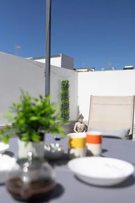 a table with a white plate and a plant on it at Casa Nao Santiago - Sanlúcar de Barrameda - Centro Playa in Sanlúcar de Barrameda