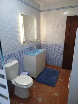 a bathroom with a toilet and a sink and a mirror at Chalet Jones in Chiclana de la Frontera