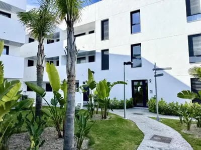 a building with palm trees in front of it at El rincon de candor by staycare in Rota