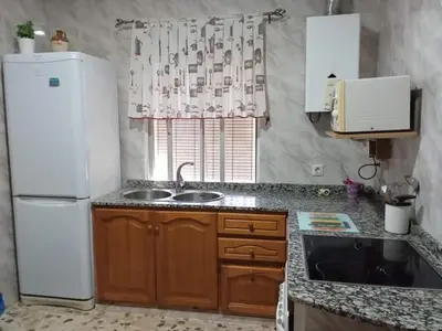 a kitchen with a white refrigerator and a sink at La fuente in Novo Sancti Petri