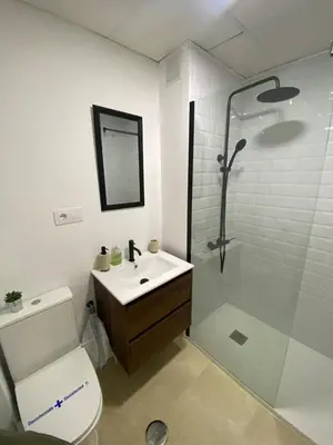 a bathroom with a toilet and a sink and a shower at Apartamentos Tartaneros 4 in Sanlúcar de Barrameda