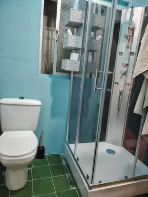a bathroom with a toilet and a shower at Casa adosada con patio in Jerez