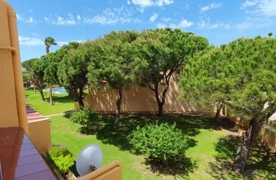 a view of a yard with trees and grass at Amplio apart con Wifi y Aire Acondicionado a 500 m de la playa La Barrosa in Chiclana de la Frontera