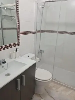 a bathroom with a toilet and a shower and a sink at La caracola in Novo Sancti Petri