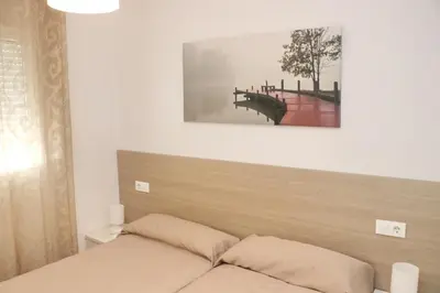a bed with a head board and a picture on the wall at Apartamento Canario III in Conil de la Frontera