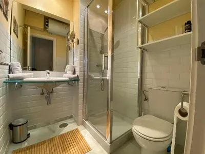 a bathroom with a shower and a toilet and a sink at Casa Lotte, centro histórico,AC, garaje, wifi in Sanlúcar de Barrameda