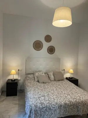 a bedroom with a bed and two lamps on the wall at Apartamento Edificio Carruaje in Jerez de la Frontera